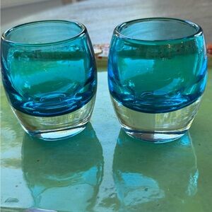 Pair of Vibrant Teal Glass Votive Holders From Crate and Barrel